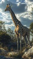 Giraffe standing majestically in a natural landscape during the golden hour under a partly cloudy sky photo