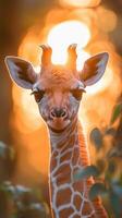 Giraffe gazes at sunset with golden light illuminating its spots in a serene landscape photo