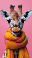 Giraffe adorned with a bright scarf poses against a pink background in a playful and vibrant setting photo
