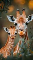 Mother giraffe and her calf standing in lush foliage during golden hour photo