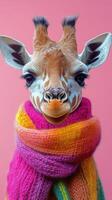 Giraffe wearing a colorful scarf poses against a vibrant pink background in a playful setting photo