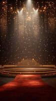 Brightly lit stage with golden lights and red carpet creating an elegant atmosphere for a special event or performance photo