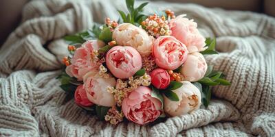 Beautiful bouquet of peonies arranged on soft knitted blanket in cozy indoor setting photo