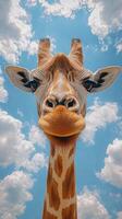 Giraffe gazes curiously as fluffy clouds drift by in a bright blue sky during a sunny afternoon photo
