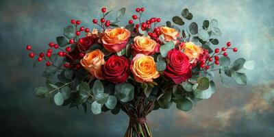 Vibrant floral arrangement with red and orange roses on a textured background photo