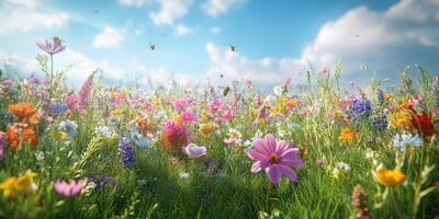 Colorful wildflower meadow buzzing with bees under a bright blue sky on a sunny afternoon photo