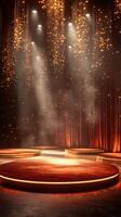 Elegant performing stage with bright lights and decorative curtains for a nighttime event or show photo