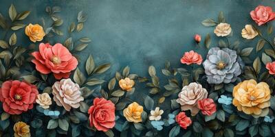 Colorful blooming flowers arranged artistically on a textured background in a serene setting photo
