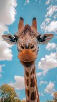 Giraffe looking directly at the camera with vibrant blue skies and clouds in the background during daytime at a wildlife park photo