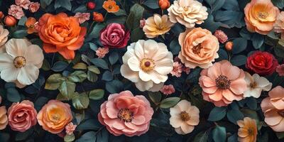 Colorful arrangement of fresh flowers in vibrant hues showcasing nature's beauty and variety across a dark background photo