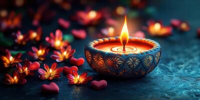 Festive candle with glowing light surrounded by colorful flowers and hearts during a celebration at night photo