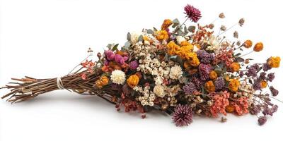 Colorful dried flower bouquet with various hues arranged on a white background perfect for home decor or gifts photo