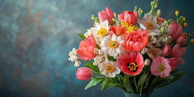 Brightly colored floral arrangement featuring tulips and daisies set against a blue background in a modern indoor space photo