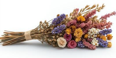 Bouquet of dried flowers featuring lavender, roses, and other blossoms arranged on a white background photo