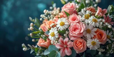 Beautiful bouquet of roses and daisies arranged elegantly for a special occasion indoors photo