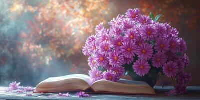 Beautiful arrangement of purple flowers beside an open book on a rustic table during a serene evening photo