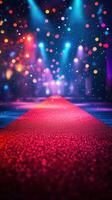 Glistening red carpet leading to a colorful and vibrant stage illuminated by lights during an evening event photo