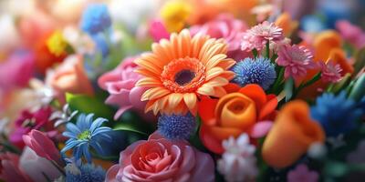 Colorful bouquet of fresh flowers in a vibrant arrangement for a cheerful atmosphere photo