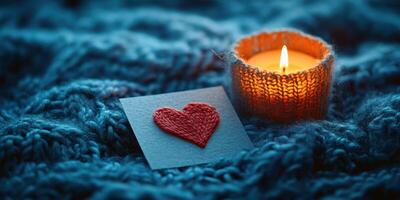 Cozy atmosphere with a knitted heart card and a glowing candle on a soft blue blanket photo