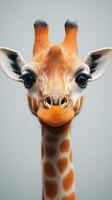 Giraffe gazes curiously at the camera in a minimalist studio setting with neutral background colors photo