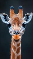 Giraffe portrait showcasing intricate facial features against a dark background during daylight hours photo
