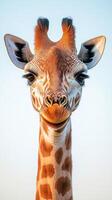 Giraffe stands tall in the golden light of early morning against a clear sky backdrop photo