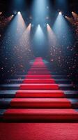 Illuminated red carpet leading up a staircase with dazzling lights and speckles in a vibrant atmosphere photo