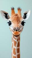 Young giraffe displaying curious expression in a studio setting with light background photo