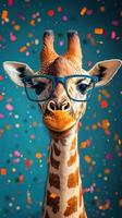 Giraffe wearing glasses surrounded by colorful confetti in a playful atmosphere photo