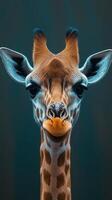 Unique portrait of a giraffe in a serene environment, showcasing its distinctive features and expressive eyes photo