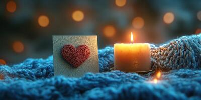 Warm candlelight creates a cozy atmosphere with a heart-shaped card on a soft knitted backdrop photo