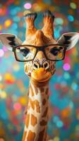 Giraffe wearing glasses poses for a colorful background with bokeh lights at a vibrant setting photo