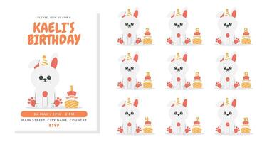 Greeting and invitation for kids Birthday party. Cute rabbit in hat and cake with number in flat childrens style. illustration collection, design for card, poster, event, prints vector
