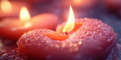 Heart-shaped candles glowing softly with bubbles around them create a romantic ambiance for a cozy evening photo