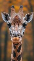 Close-up view of a giraffe in a forest during autumn showcasing vibrant foliage and majestic features photo