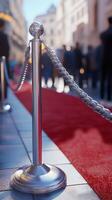 Red carpet event with crowd in background and elegant stanchion in focus during sunny day photo