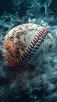Weathered baseball surrounded by swirling smoke creating an atmospheric effect photo