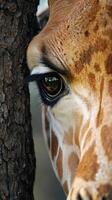 Giraffe peering through a tree with captivating eye detail at a wildlife sanctuary photo