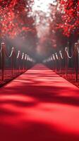 Beautiful red carpet pathway surrounded by vibrant autumn trees in a serene outdoor setting photo