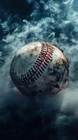 Weathered baseball resting in smoky atmosphere capturing the essence of the game in a gritty and dramatic look photo