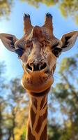 Giraffe curiously gazing at visitors in a lush wildlife habitat during the daytime photo