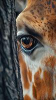Giraffe gazes through a tree trunk in a wildlife sanctuary under soft daylight photo