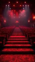 Vibrant red seats fill the empty auditorium, illuminated by glowing lights in a stylish theater photo