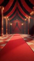 Elegant red carpet leading to a stage in a grand, vintage-inspired interior decorated with chandeliers photo