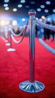 Red carpet event with stanchions and guests in the background at an evening gala in a spacious venue photo