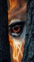Giraffe peers through trees in stunning close-up during golden hour light photo