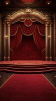 Elegant theater stage adorned with red curtains and intricate decor in a vintage setting photo