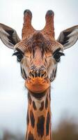 Giraffe calmly gazes at the camera with clear expression in a serene outdoor setting during cloudy weather photo