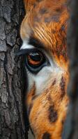Close-up view of a giraffe's eye peering through a tree trunk in a natural habitat during daylight hours photo