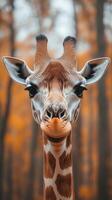 Giraffe gazes curiously in a serene forest during autumn, blending beautifully with the warm colors of nature photo